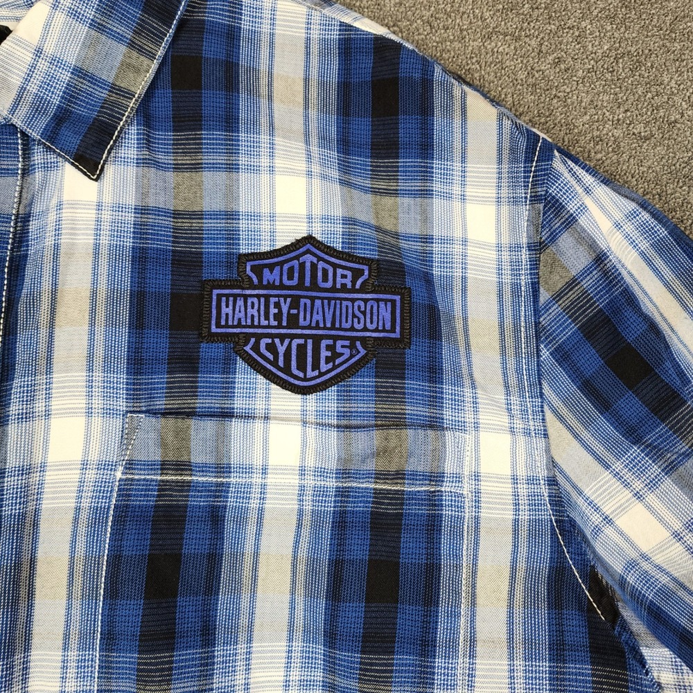 Harley-Davidson Mens 2XL Blue Plaid Short Sleeve Button Down Shirt Back Graphic - Picture 2 of 9